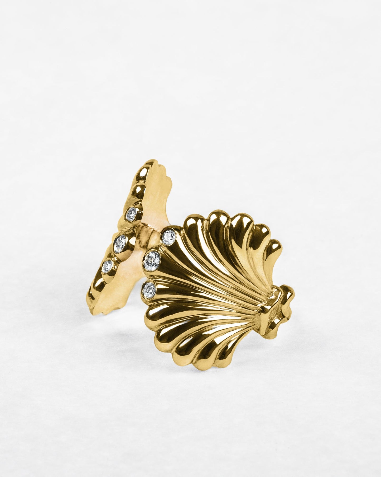 Bespoke commission — Saint Jacques ring in recycled 14K yellow gold with diamonds, handmade in Kraków by Ella Zubrowska